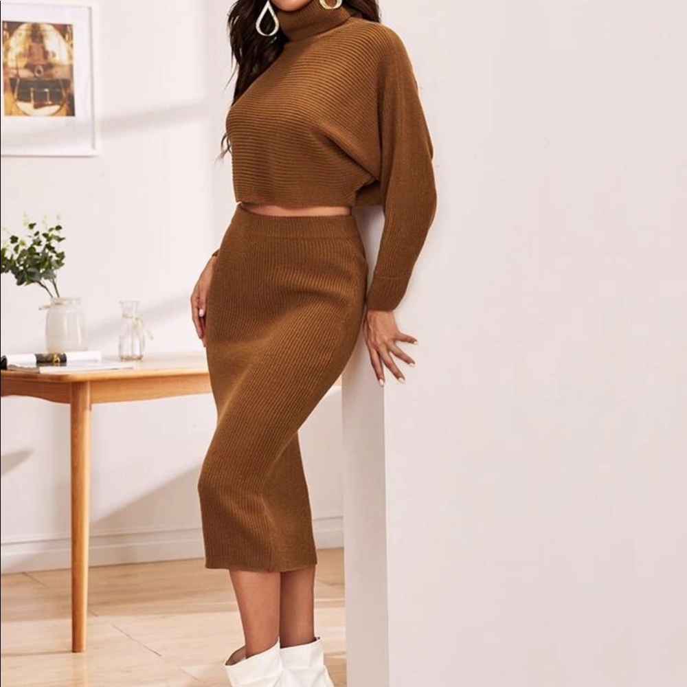 Turtleneck knit sweater skirt and set
